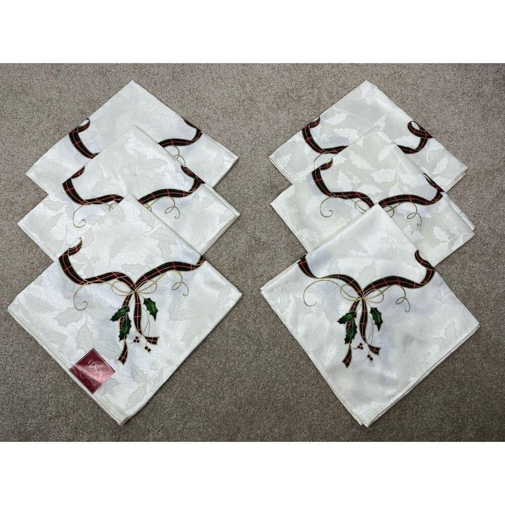Lenox‎ Holiday Nouveau Cloth Christmas Napkin Ribbon Holly Berry Set Of 6 Unused